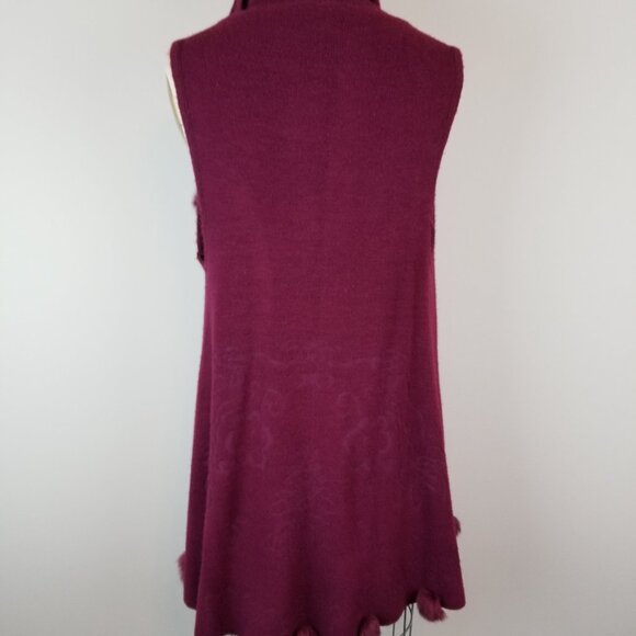 Vintage Wine Burgundy Knit Long Vest with Dramatic Collar & Rabbit Fur Pom Poms - Picture 4 of 11